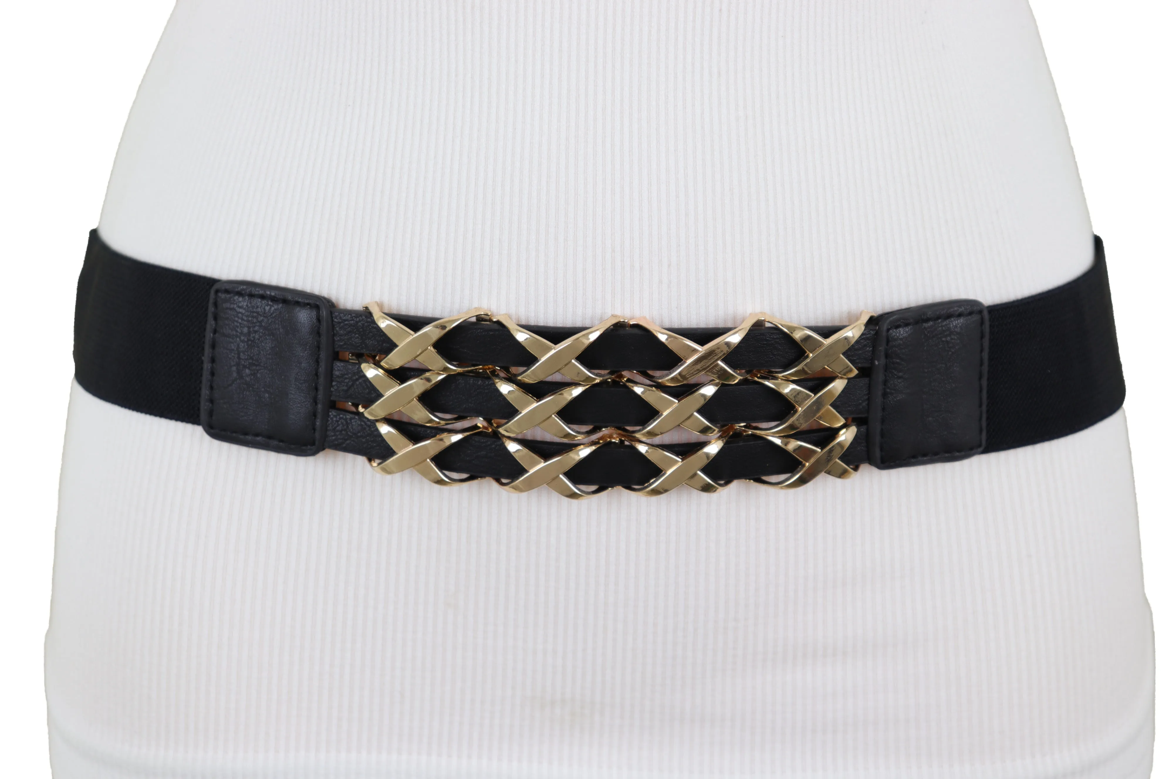 Black Stretch Waistband Fashion Belt Hip Waist Gold Metal XX Charm Fit S M