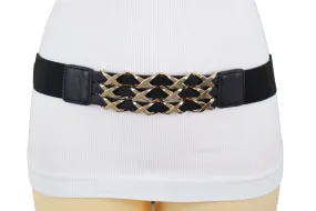 Black Stretch Waistband Fashion Belt Hip Waist Gold Metal XX Charm Fit S M