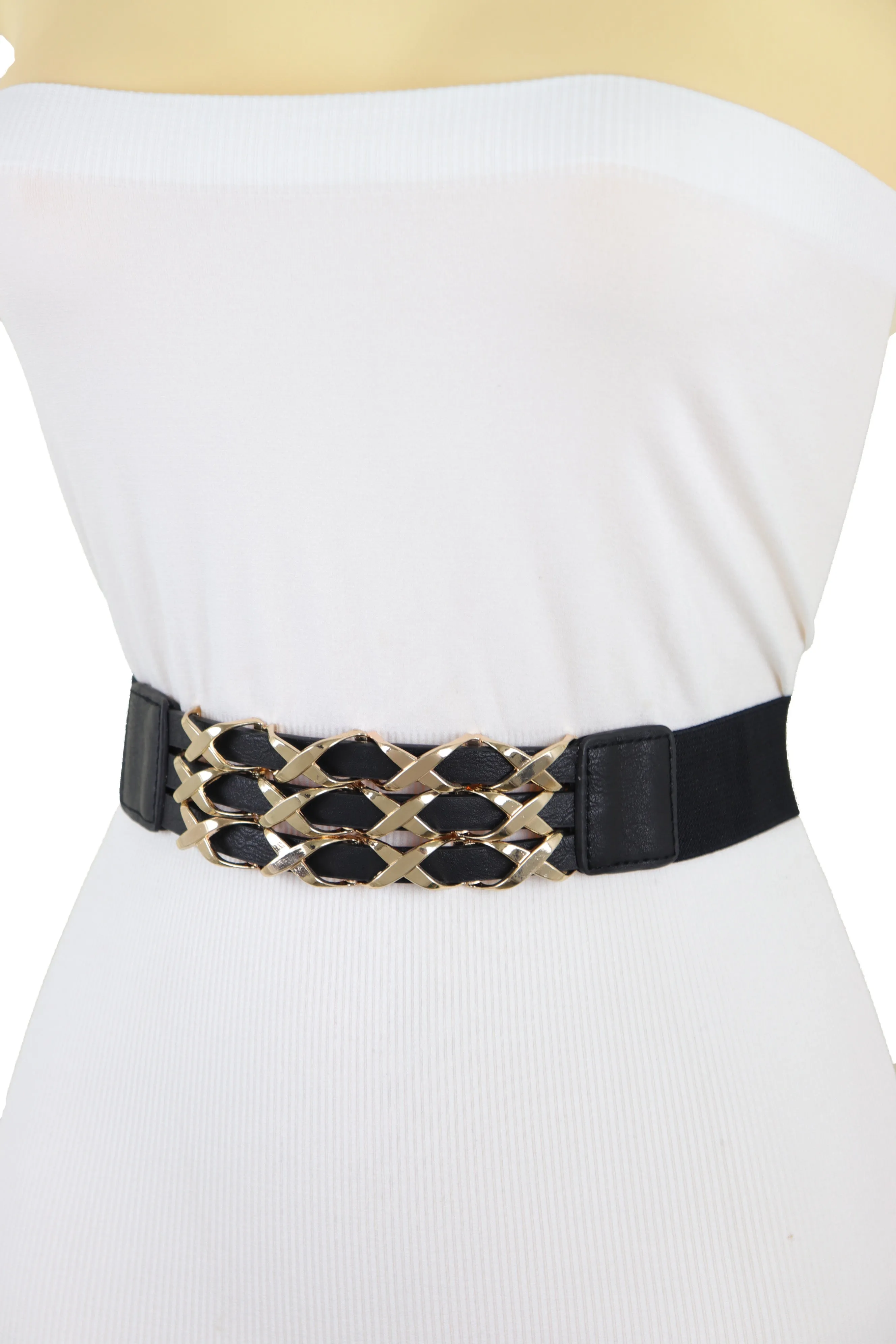 Black Stretch Waistband Fashion Belt Hip Waist Gold Metal XX Charm Fit S M