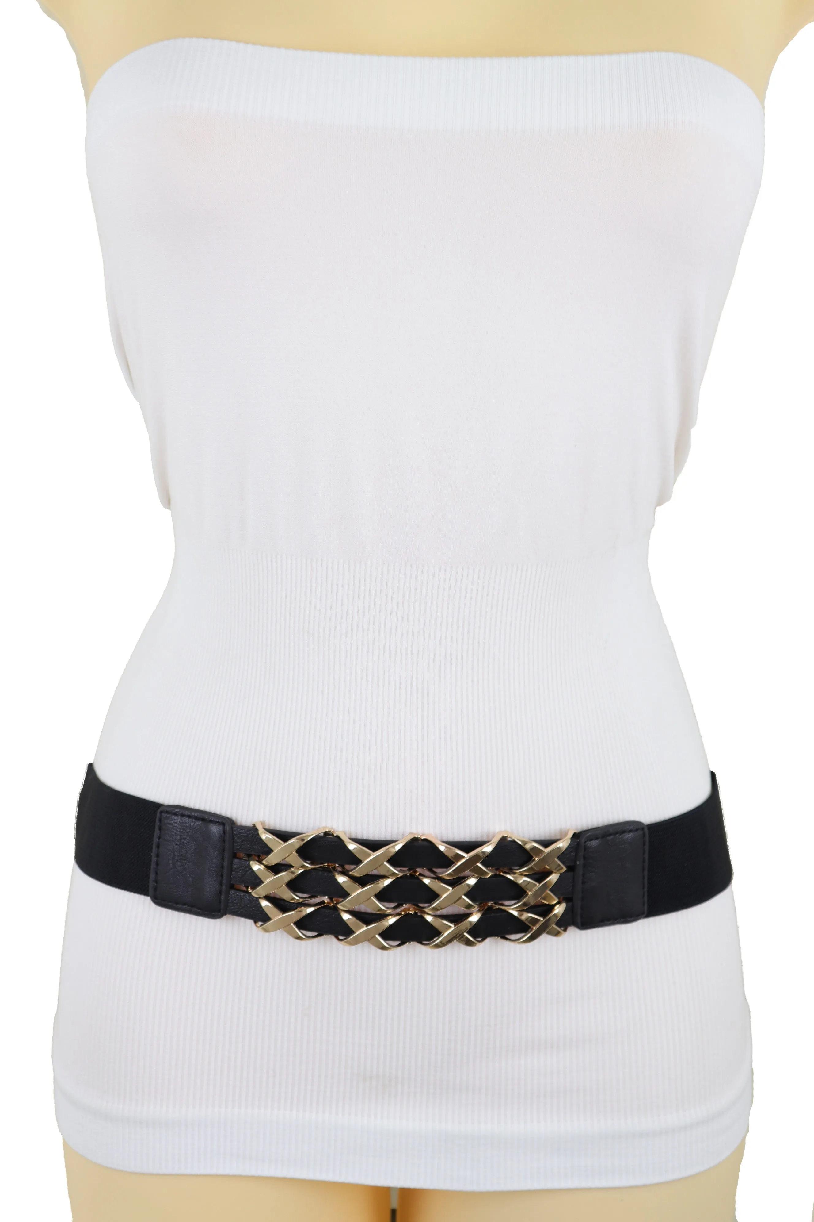 Black Stretch Waistband Fashion Belt Hip Waist Gold Metal XX Charm Fit S M
