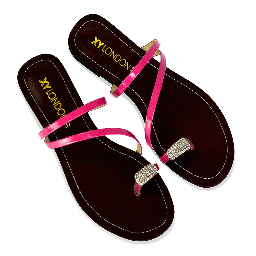 Bliss Embellished Toe Ring Strappy Slip On Flat Diamante Sandal Slides in Black