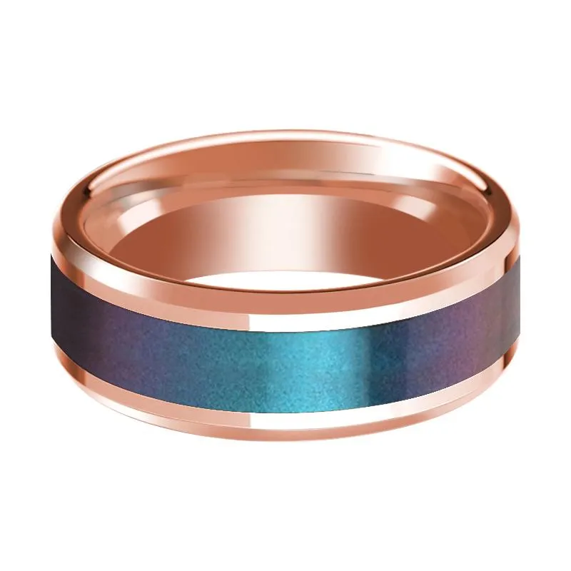 Blue and Purple Color Changing Inlaid 14k Rose Gold Wedding band for Men with Beveled Edges Polished Finish - 8MM