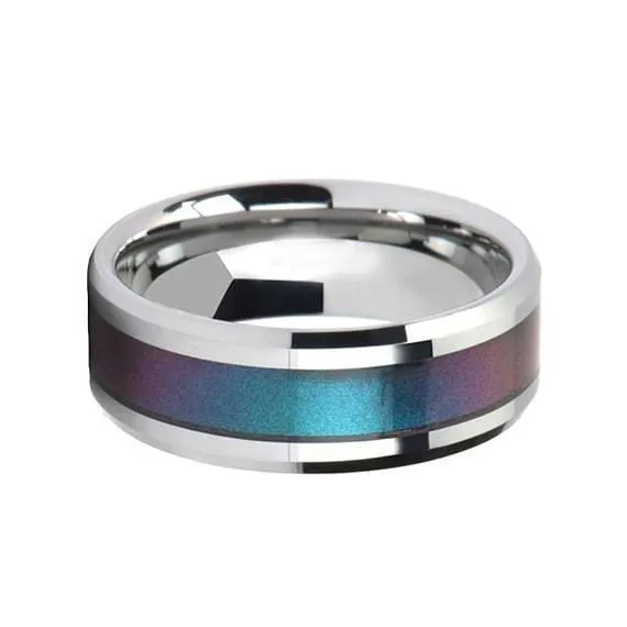 Blue Purple Tungsten Wedding Ring Color Changing Inlay Polished Finish 4mm-10mm