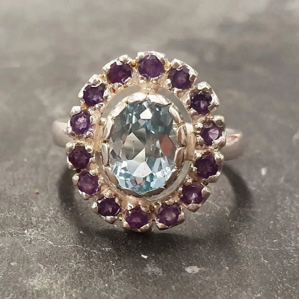 Blue Victorian Ring - Blue Topaz Ring - Vintage Flower Ring
