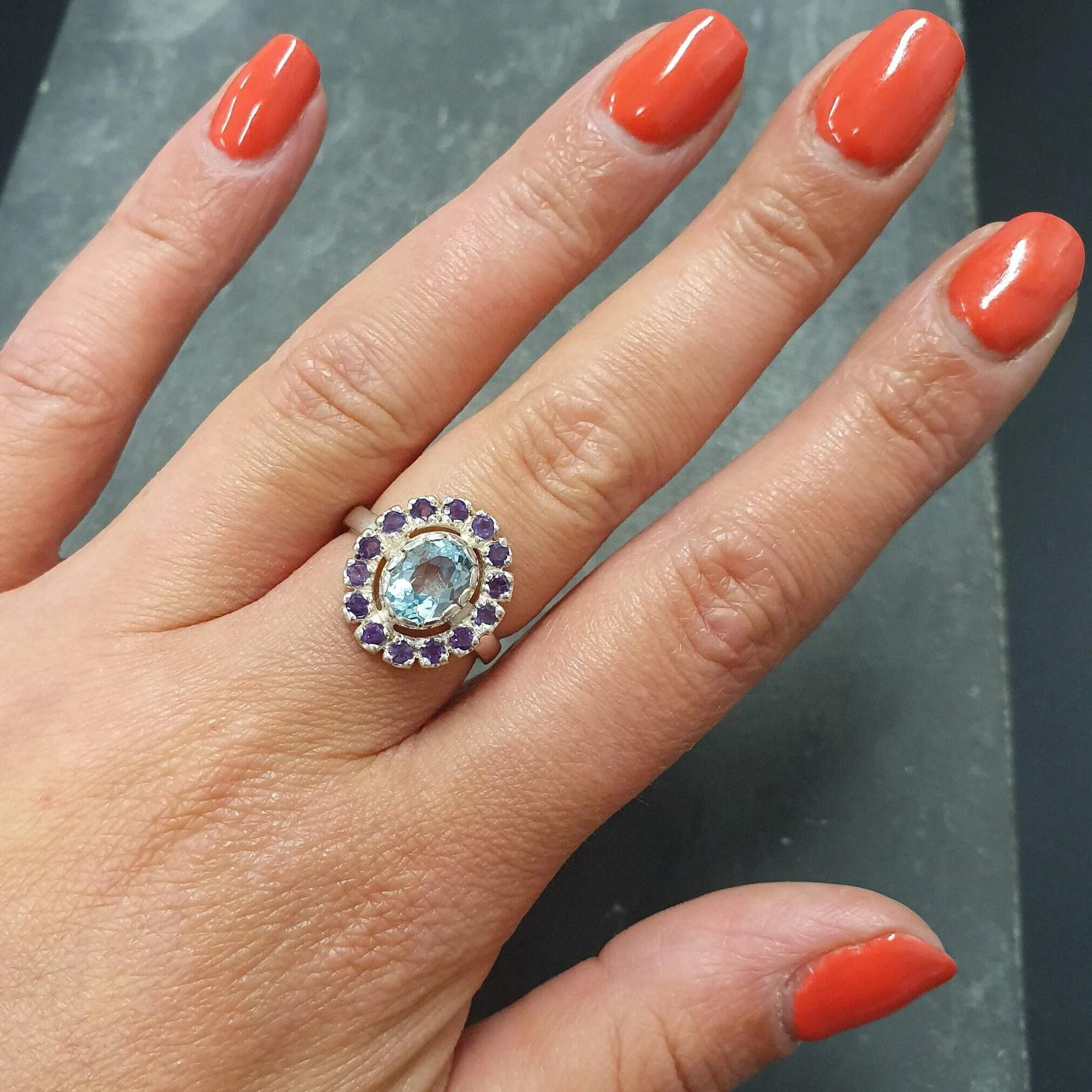 Blue Victorian Ring - Blue Topaz Ring - Vintage Flower Ring