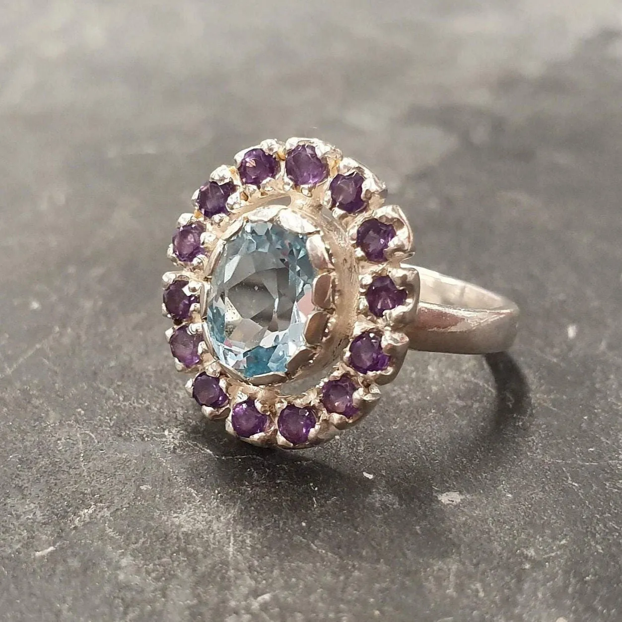 Blue Victorian Ring - Blue Topaz Ring - Vintage Flower Ring