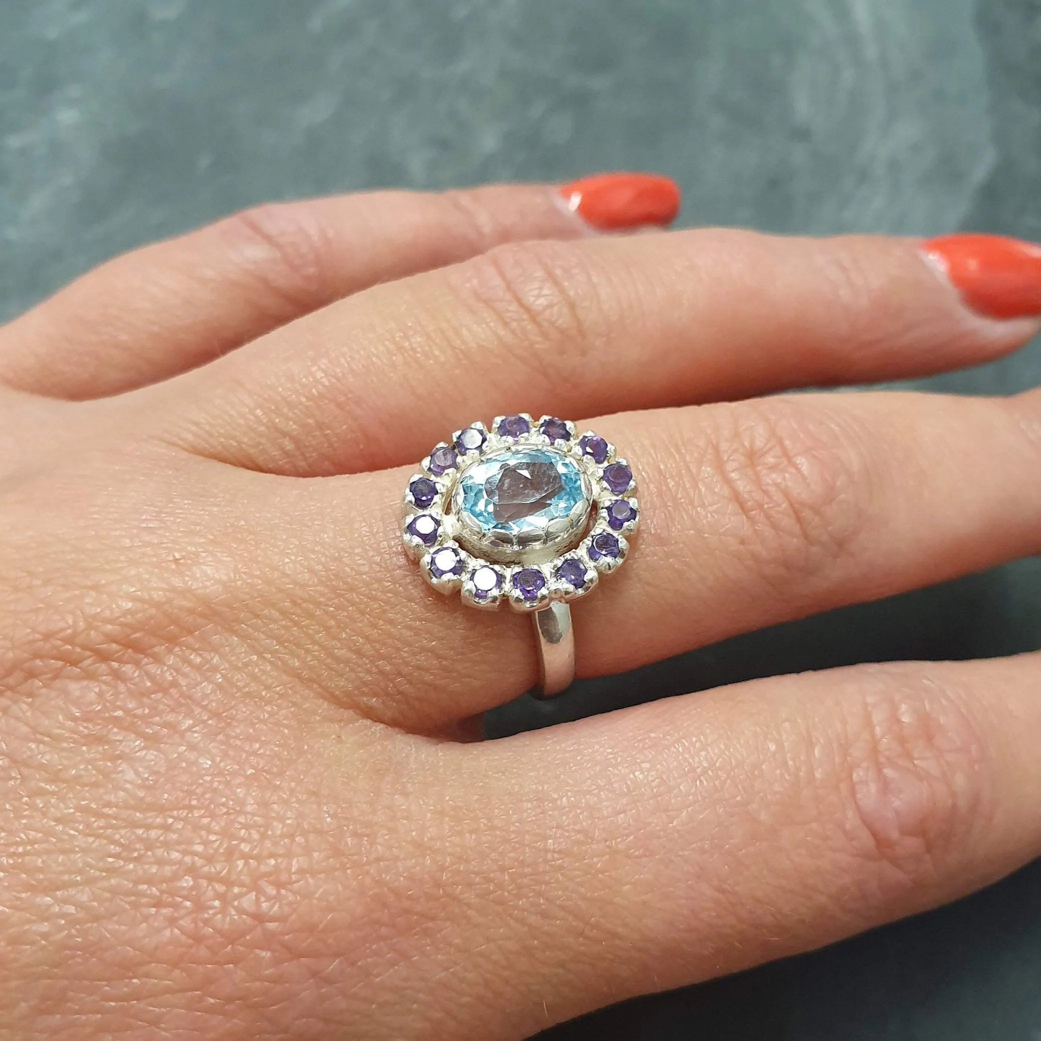 Blue Victorian Ring - Blue Topaz Ring - Vintage Flower Ring