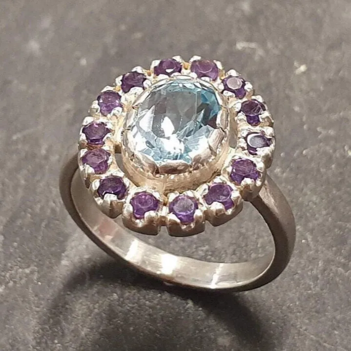 Blue Victorian Ring - Blue Topaz Ring - Vintage Flower Ring