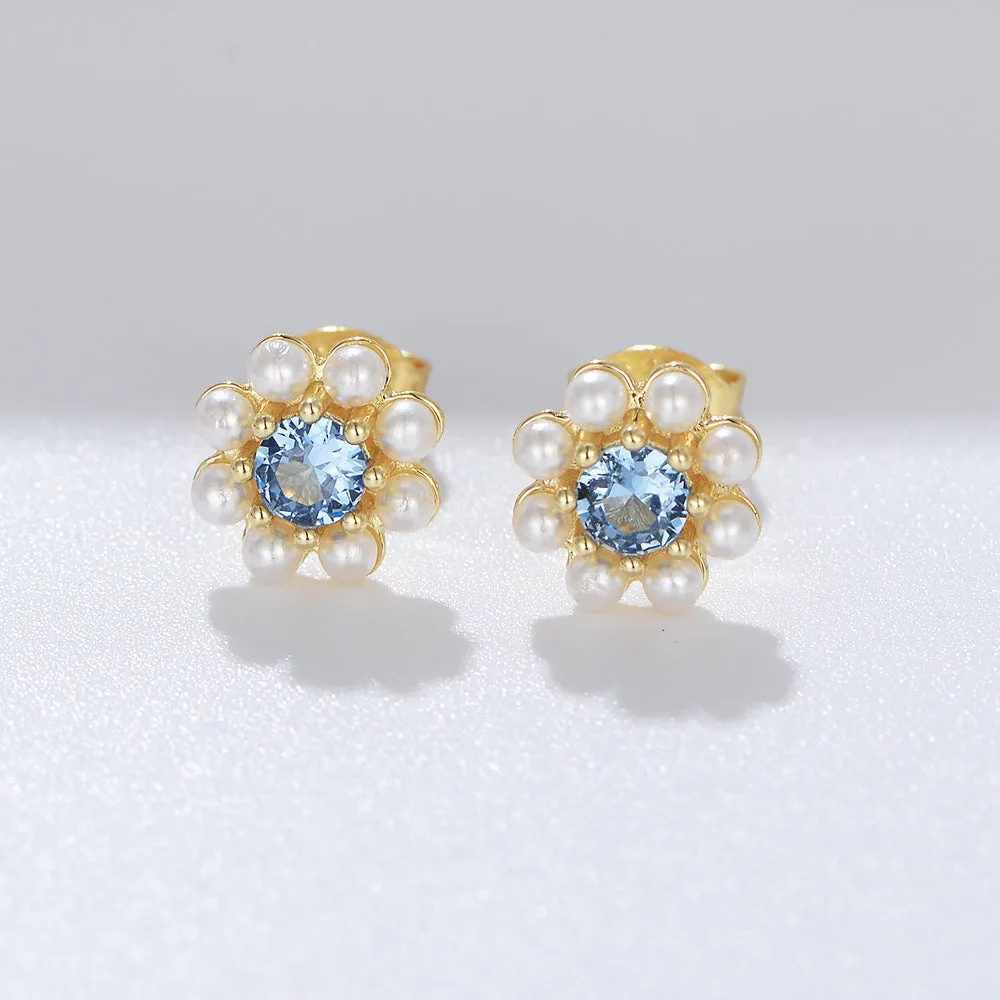 Blue Zircon with Pearl Flower Silver Studs Earrings for Women