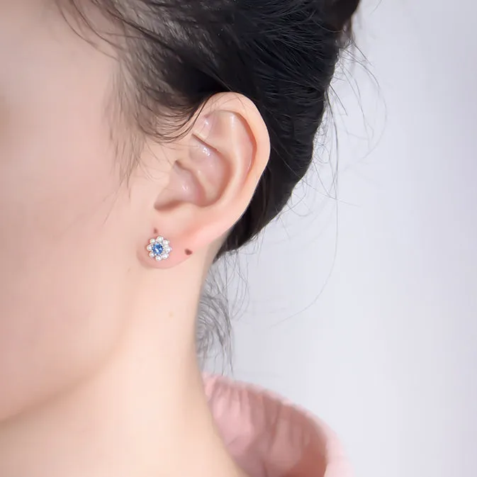 Blue Zircon with Pearl Flower Silver Studs Earrings for Women