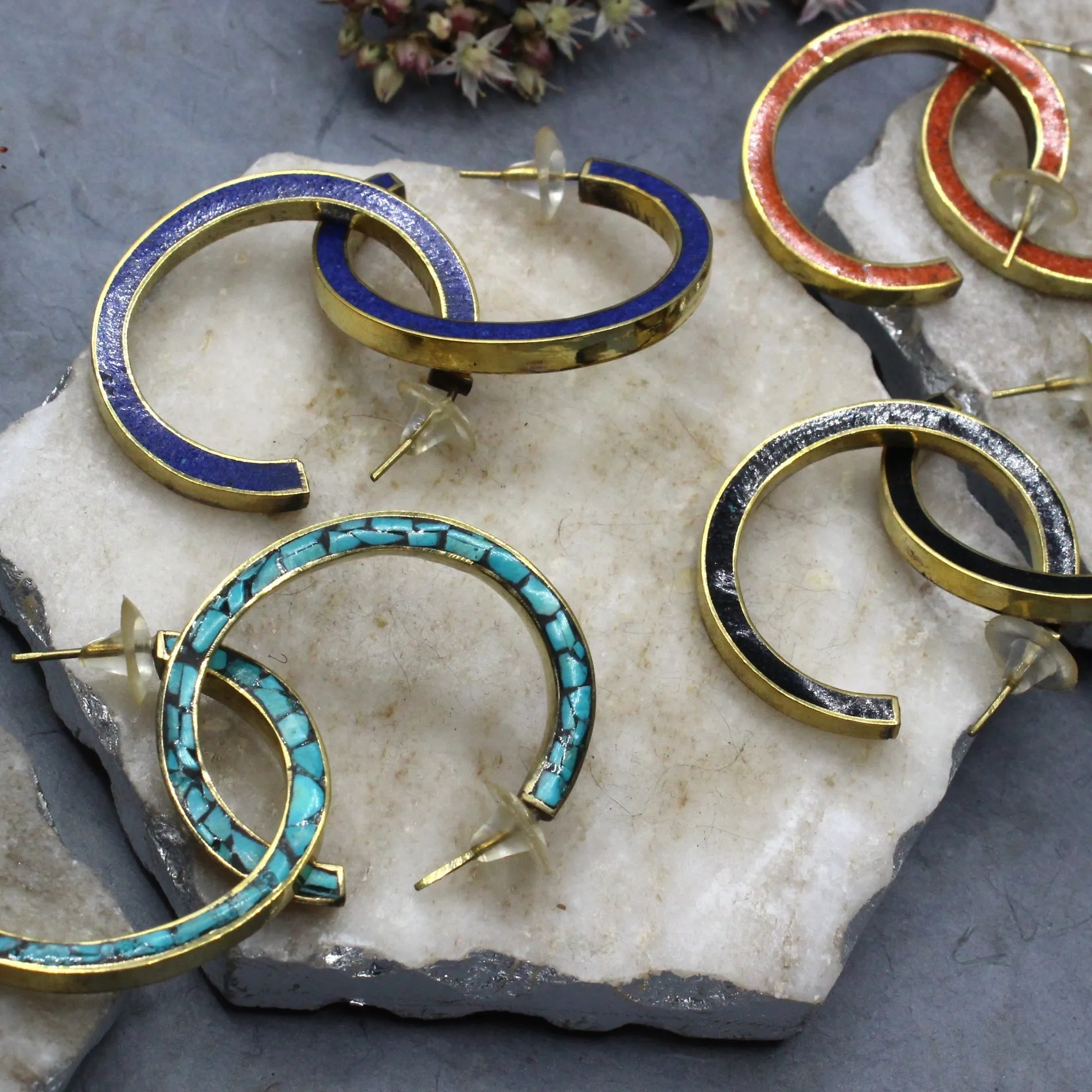Bold Hoop Turquoise and Brass Earrings