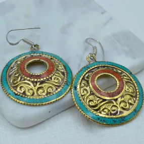 Brass Turquoise Coral Earrings