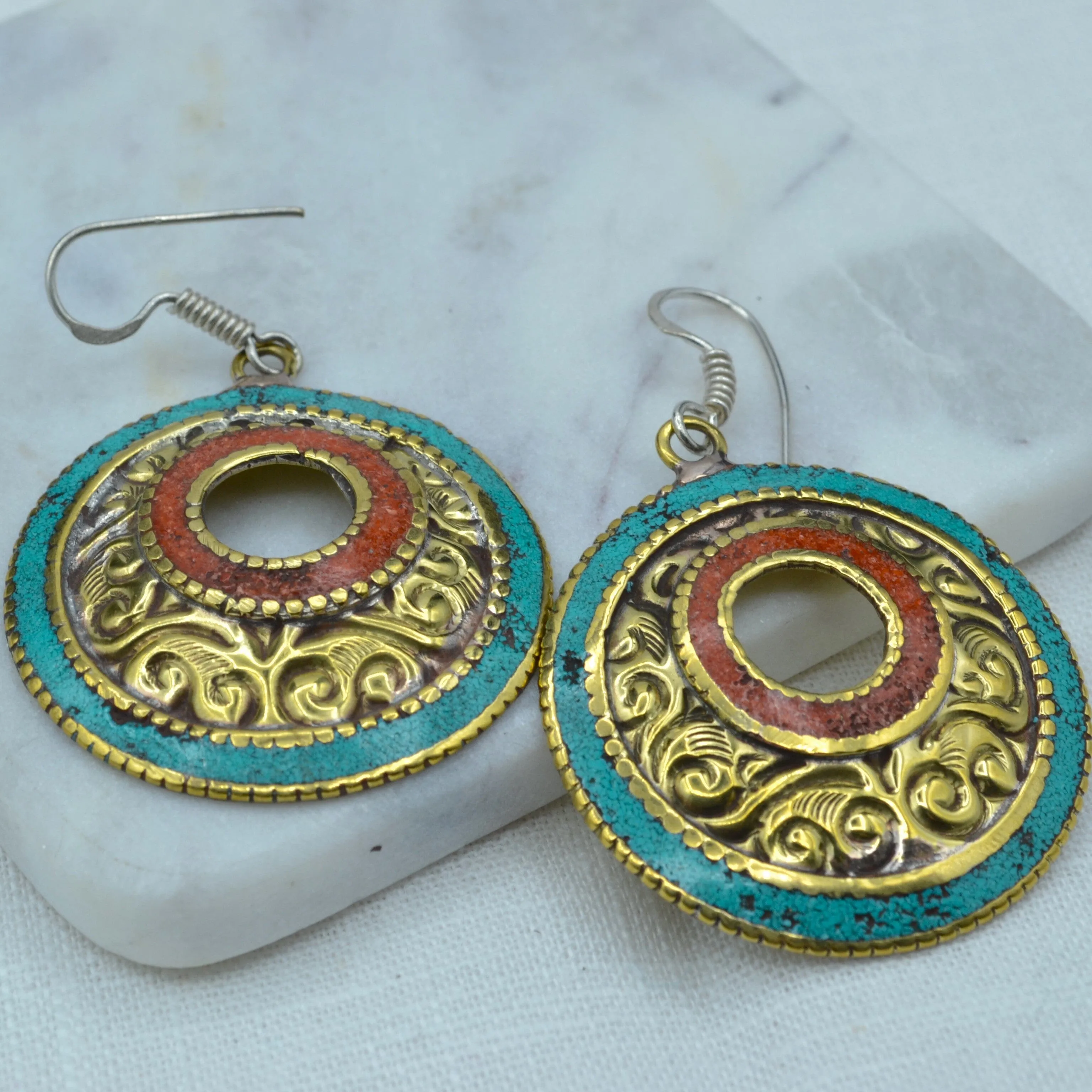 Brass Turquoise Coral Earrings