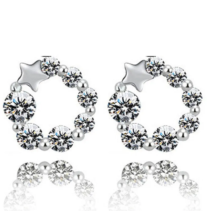 Circle with Zircon Lucky Star Silver Studs Earrings for Women