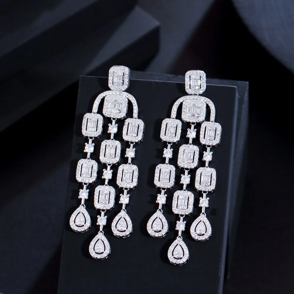 Clear Tassels Cubic Zircon  assels CZ Square Earrings,CZ Dangle Earring for Wedding, Women Dinner Accessories Jewelry SZE0425