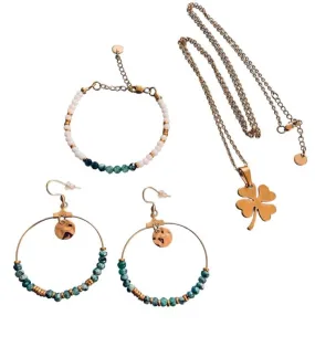 Clover Hoop Jewelry Set | Jade and Gold Pearl Bracelet | Pearl Bracelet | Gift idea for Women | Gift Jewelry