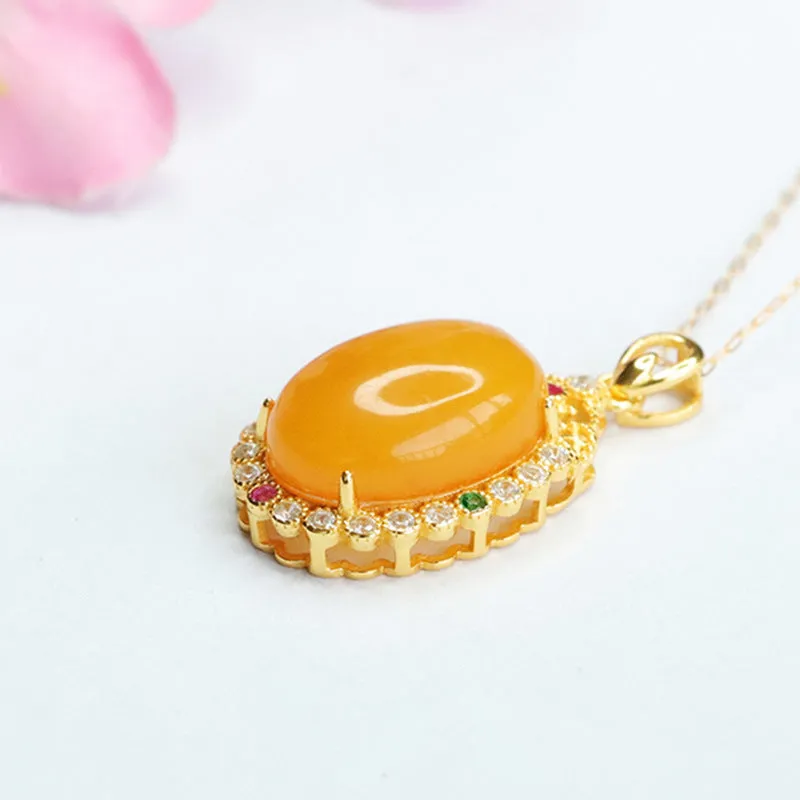 Colorful Zircon Halo Amber Pendant with Sterling Silver Necklace