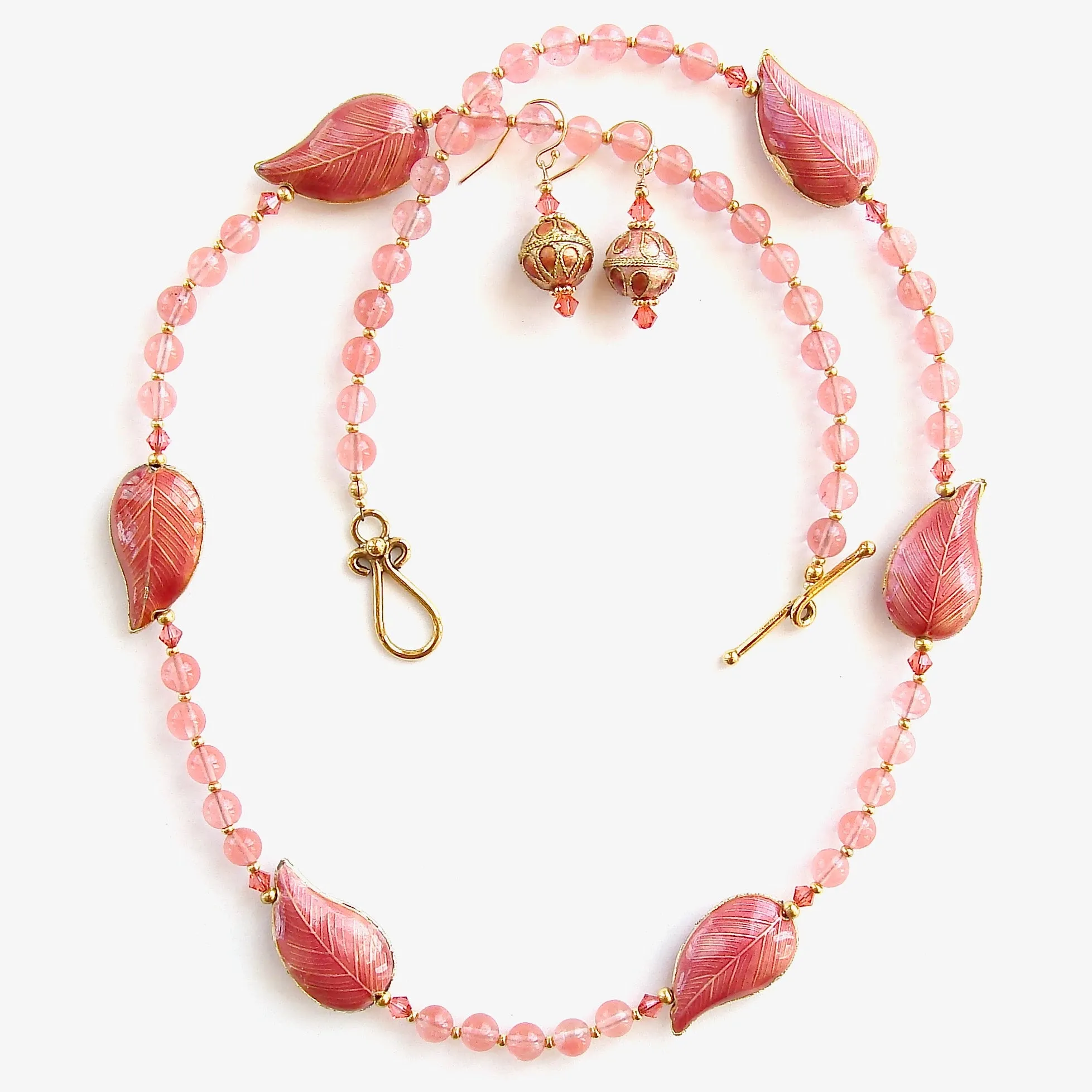 Cora: Coral Pink Necklace Set with Cloisonné