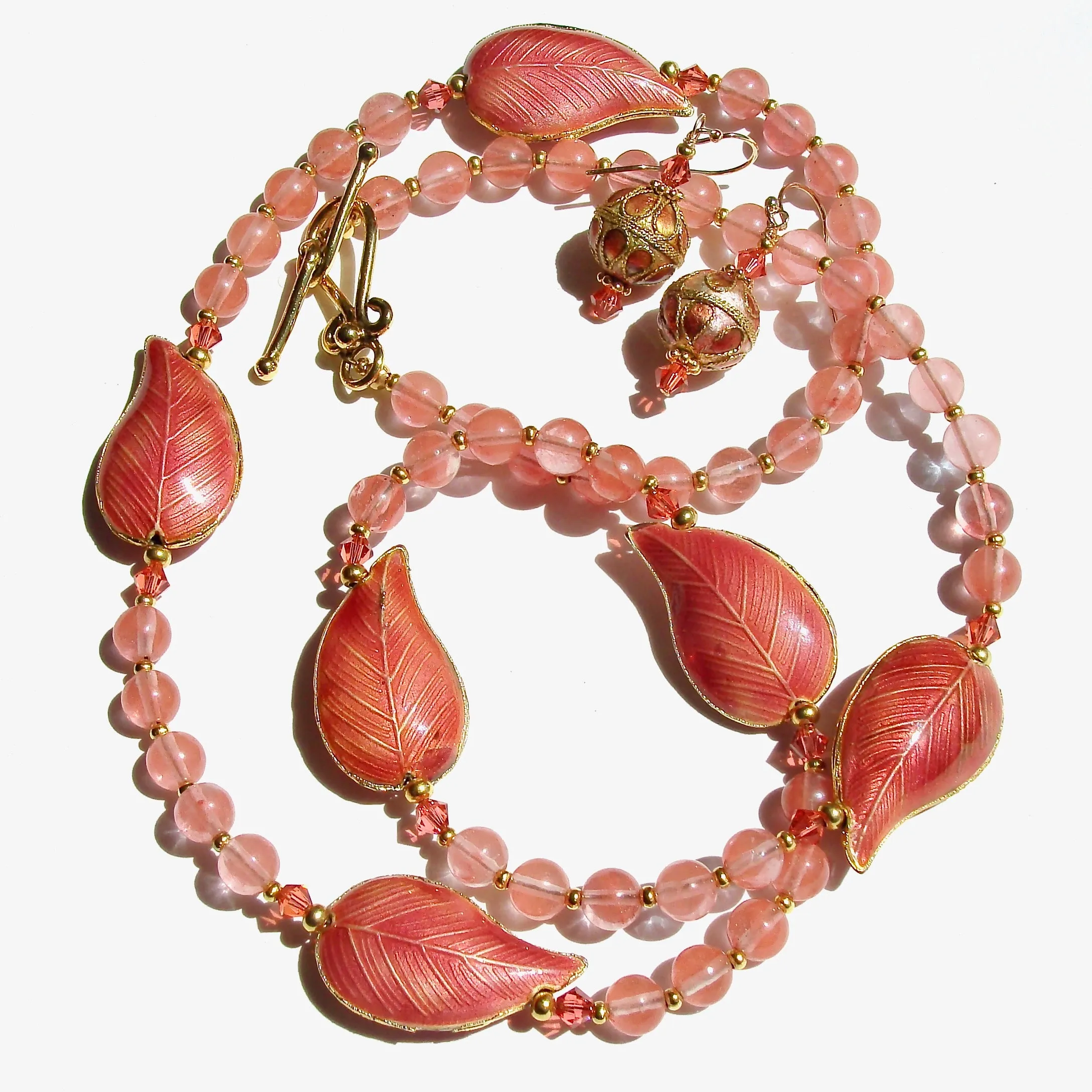 Cora: Coral Pink Necklace Set with Cloisonné