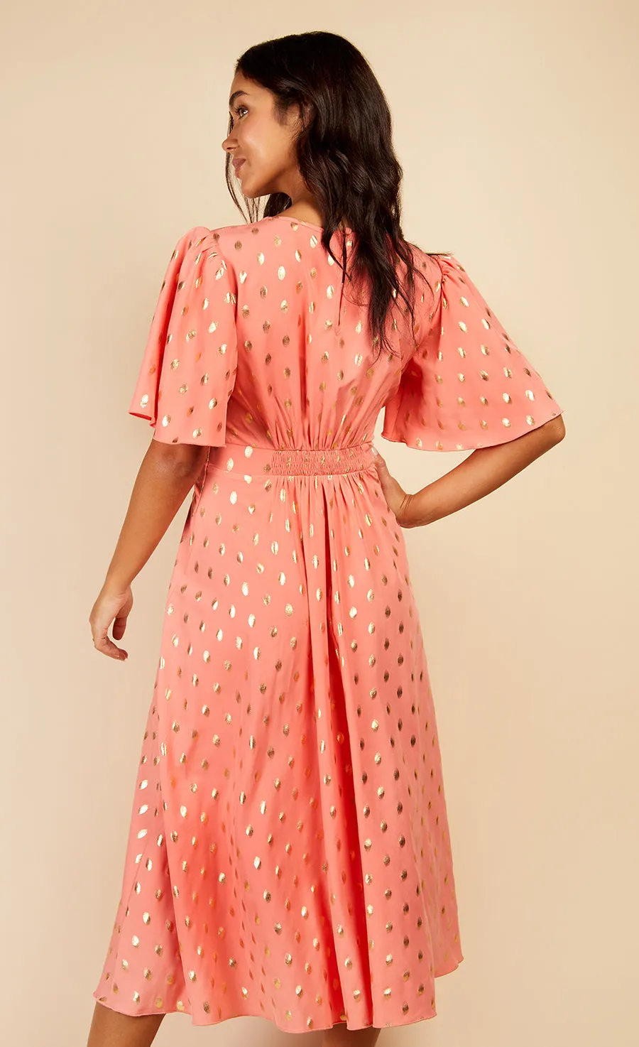 Coral And Gold Foil Midaxi Dress