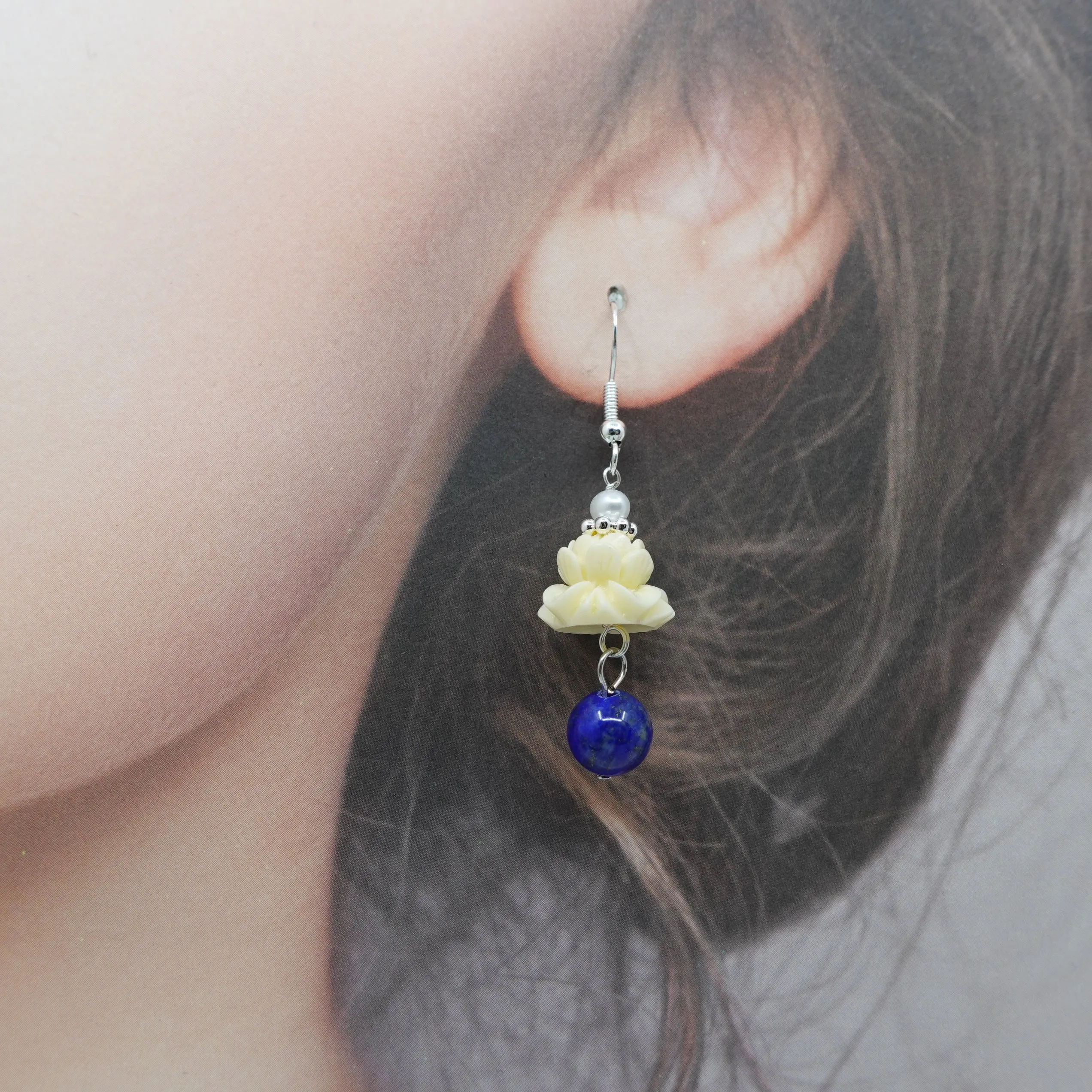 Coral Lotus Earrings with Lapis