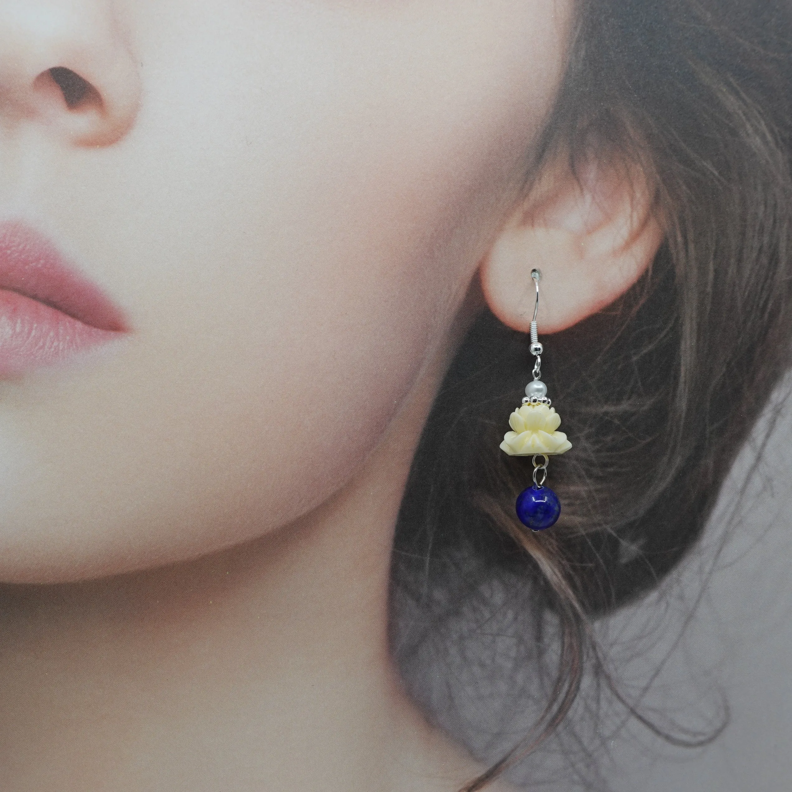 Coral Lotus Earrings with Lapis
