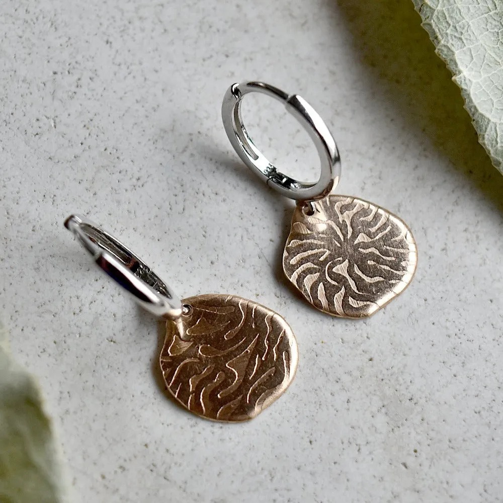 'Coral' Silver Huggie Hoop with Small Bronze Drop