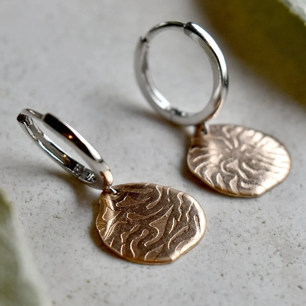 'Coral' Silver Huggie Hoop with Small Bronze Drop