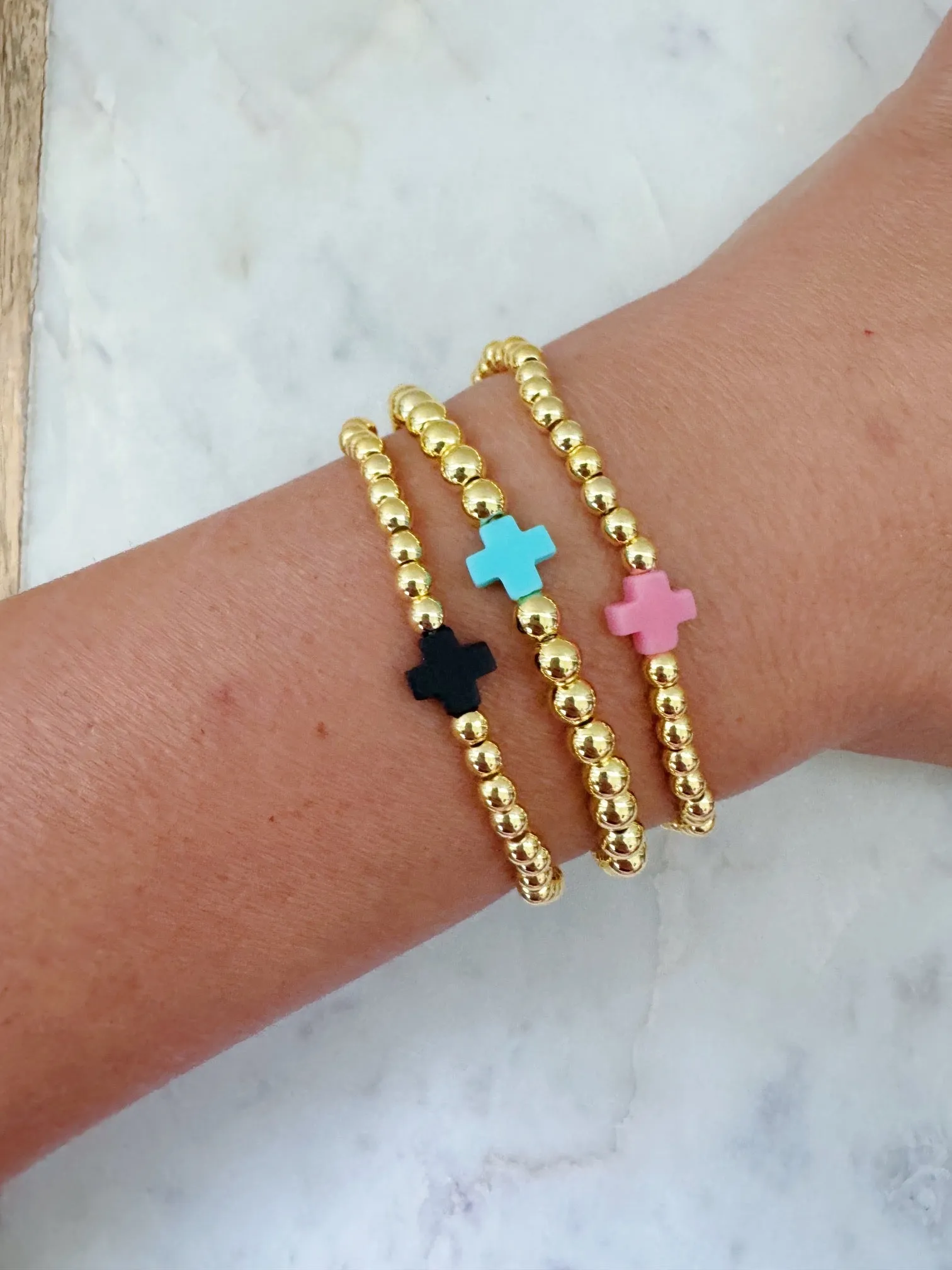 Cross Bracelet, Gold Bead Bracelet, Beaded Bracelet, Stackable Bracelet, Religious Jewelry