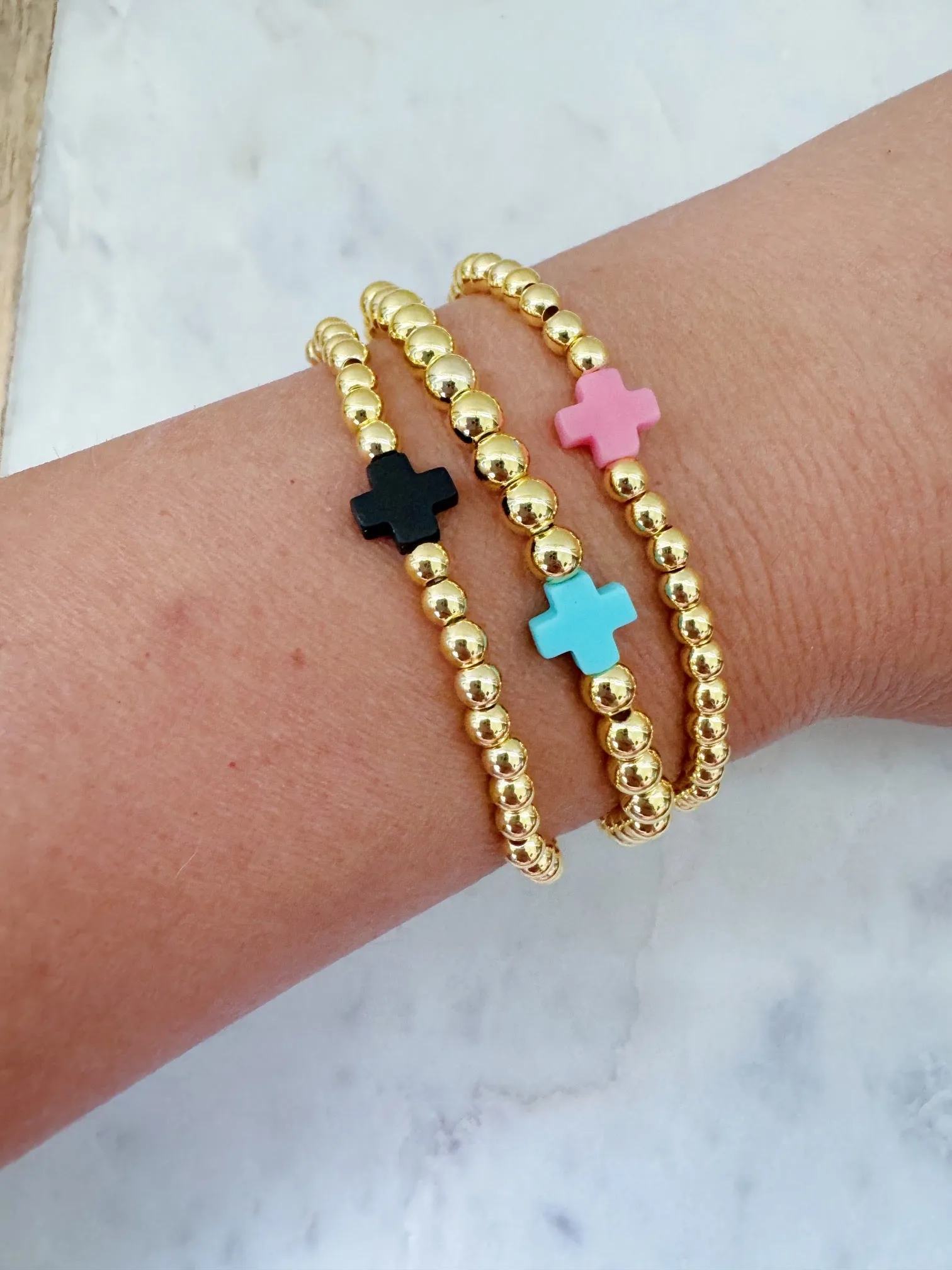 Cross Bracelet, Gold Bead Bracelet, Beaded Bracelet, Stackable Bracelet, Religious Jewelry