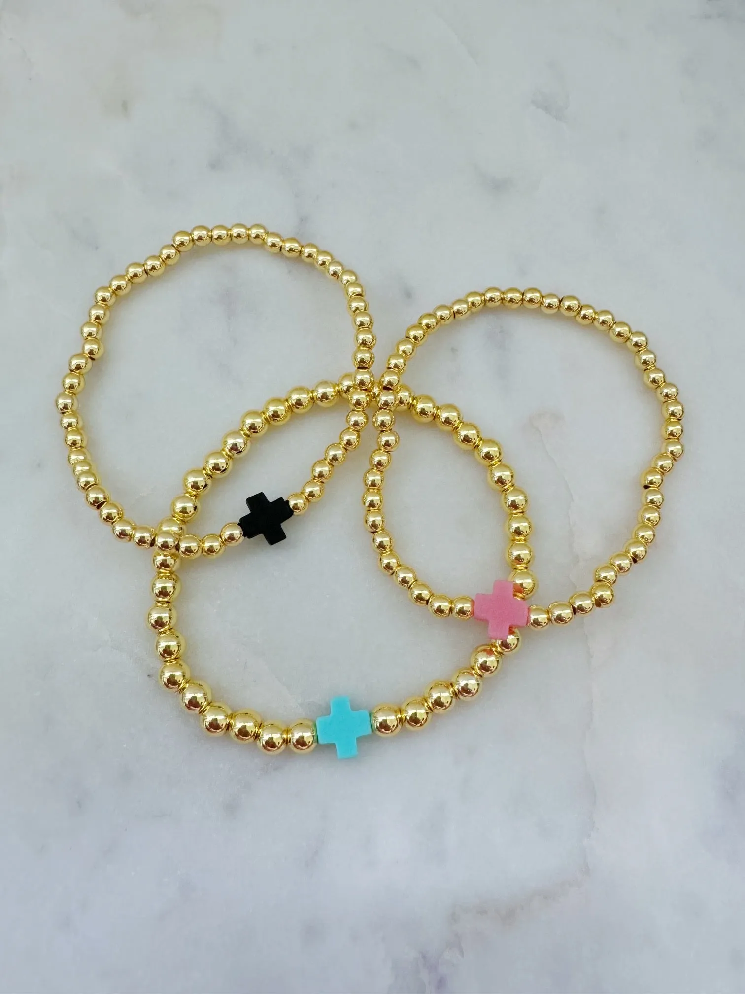 Cross Bracelet, Gold Bead Bracelet, Beaded Bracelet, Stackable Bracelet, Religious Jewelry