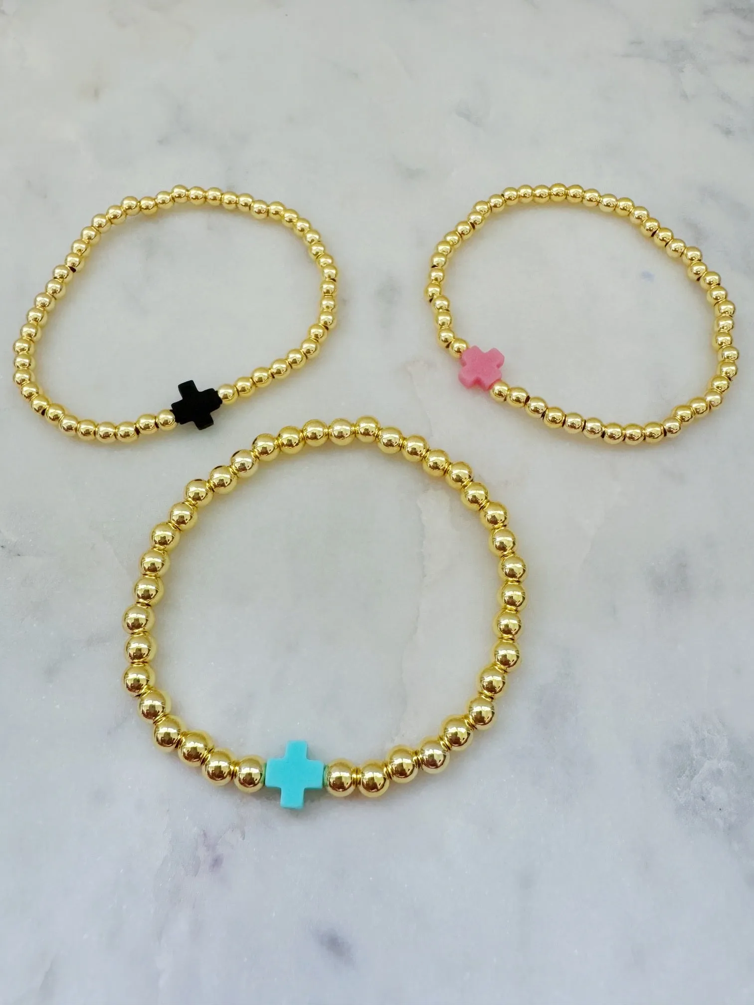 Cross Bracelet, Gold Bead Bracelet, Beaded Bracelet, Stackable Bracelet, Religious Jewelry