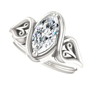 Cubic Zirconia Engagement Ring- The Bentley (Customizable Marquise Cut Solitaire with Wide Tapered Band and Side Engraving Motif)