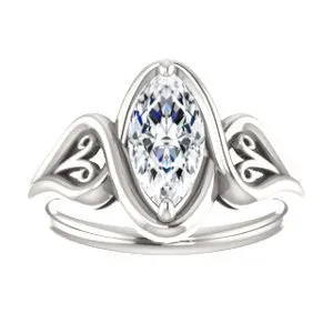 Cubic Zirconia Engagement Ring- The Bentley (Customizable Marquise Cut Solitaire with Wide Tapered Band and Side Engraving Motif)