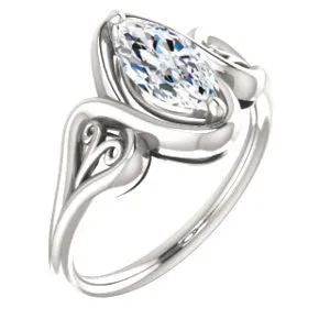 Cubic Zirconia Engagement Ring- The Bentley (Customizable Marquise Cut Solitaire with Wide Tapered Band and Side Engraving Motif)