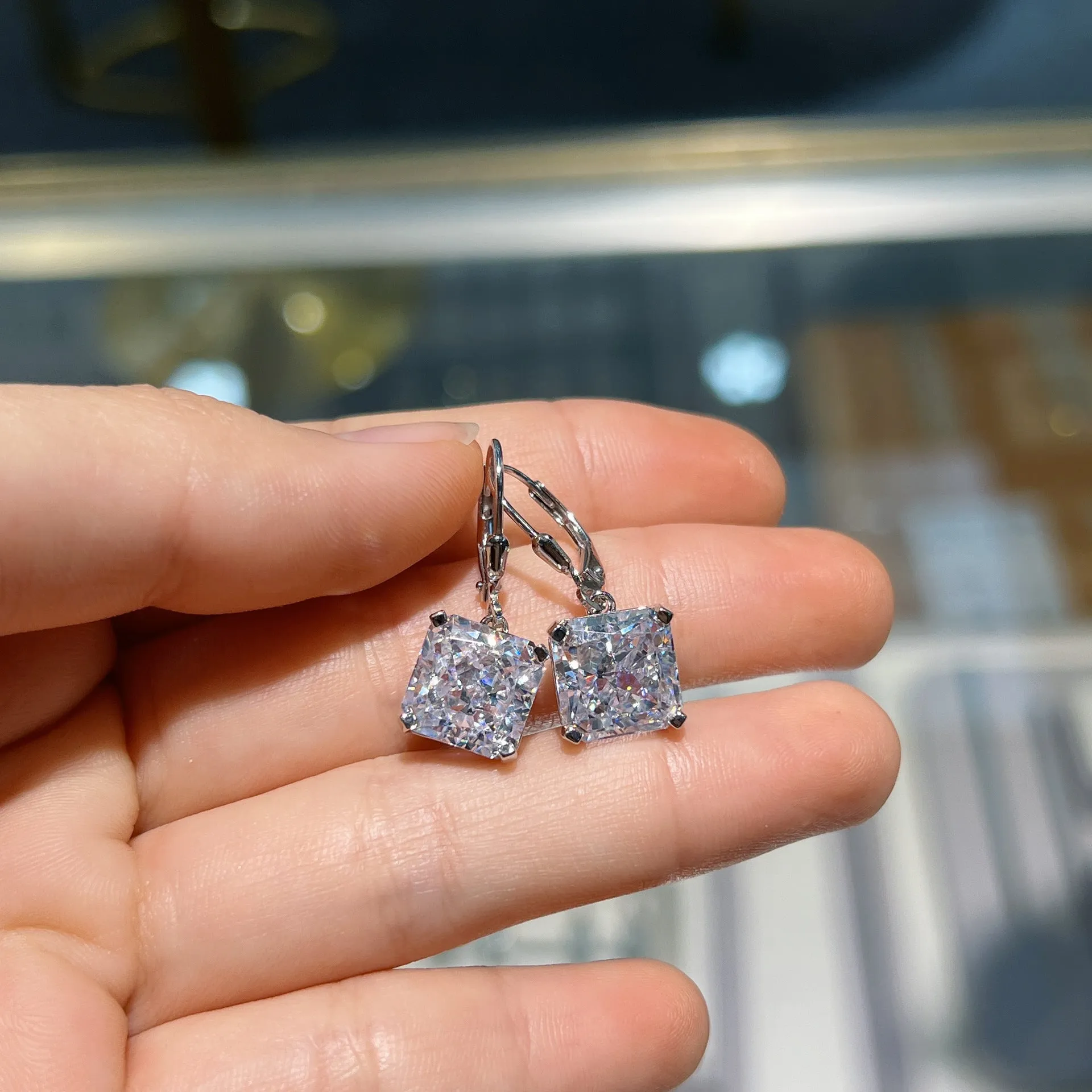 Cushion Cut Zircon Silver Hoop Earrings