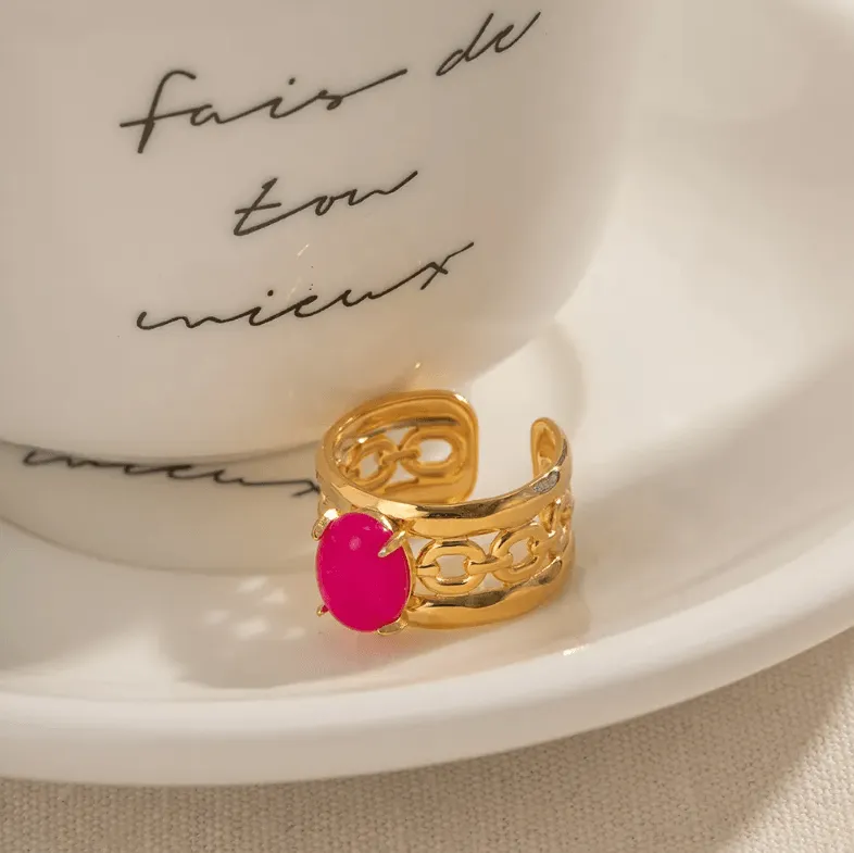 Dark Oval Pink Crystal Resizable Ring