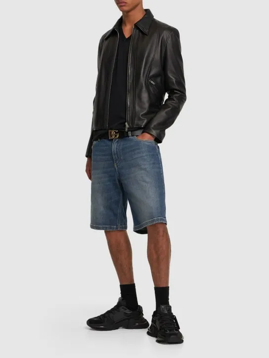 Dolce&amp;Gabbana   Logo plaque sashed stretch denim shorts 