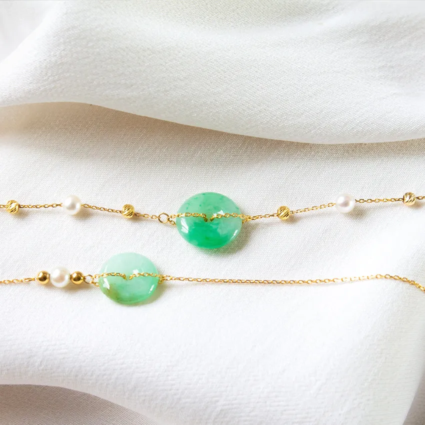 Dotted Gold and Freshwater Pearl Jade Donut 18k Gold Bracelet