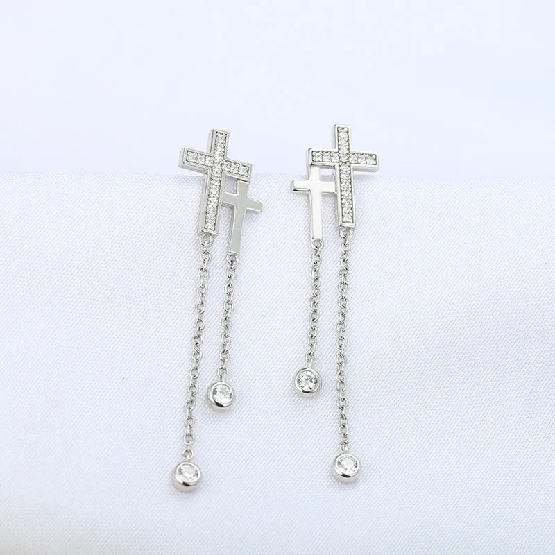 Double Cross Tassel with Zircon Silver Drop Earrings for Women