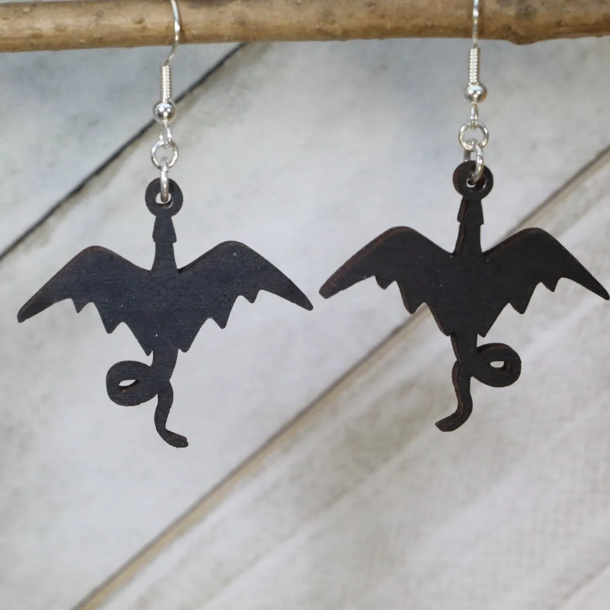 Dragon Silhouette Wooden Dangle Earrings by Cate's Concepts, LLC