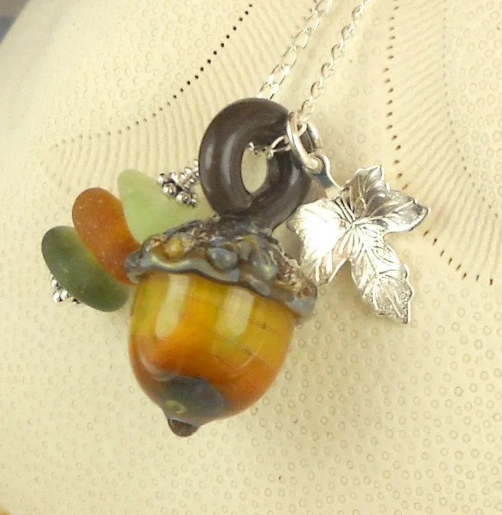 Eco Friendly GENUINE Sea Glass Jewelry Lampwork Acorn Bead Necklace