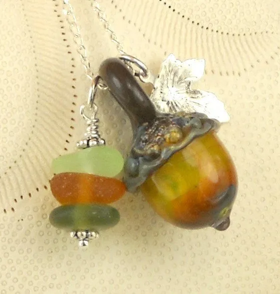 Eco Friendly GENUINE Sea Glass Jewelry Lampwork Acorn Bead Necklace