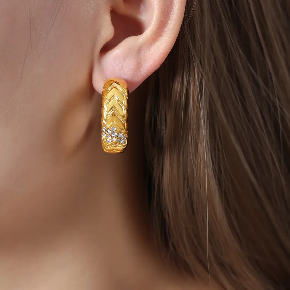 Elegant Zircon Inlaid C-shaped Earrings - Titanium Steel 18K Gold Plated Women's Jewelry