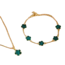 Emerald Green Clover Design Set, Bracelet With Matching Necklace