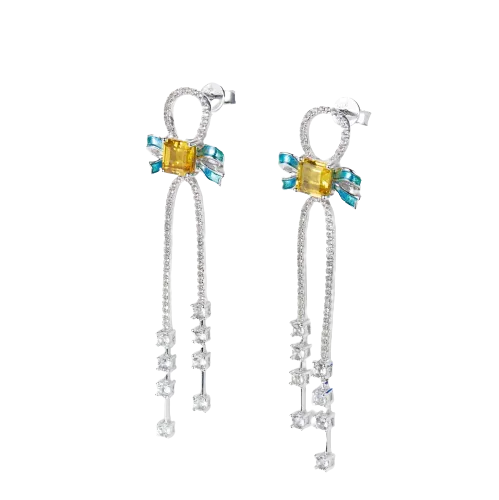 Enamel Bow Yellow Zircon Drop Earrings