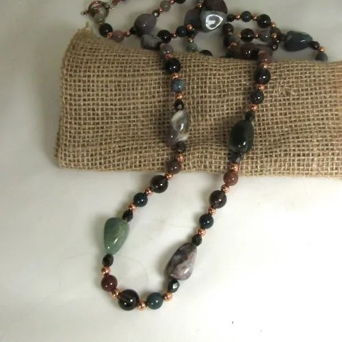 Extra Long Necklace in Copper Jasper and Smokey Quartz