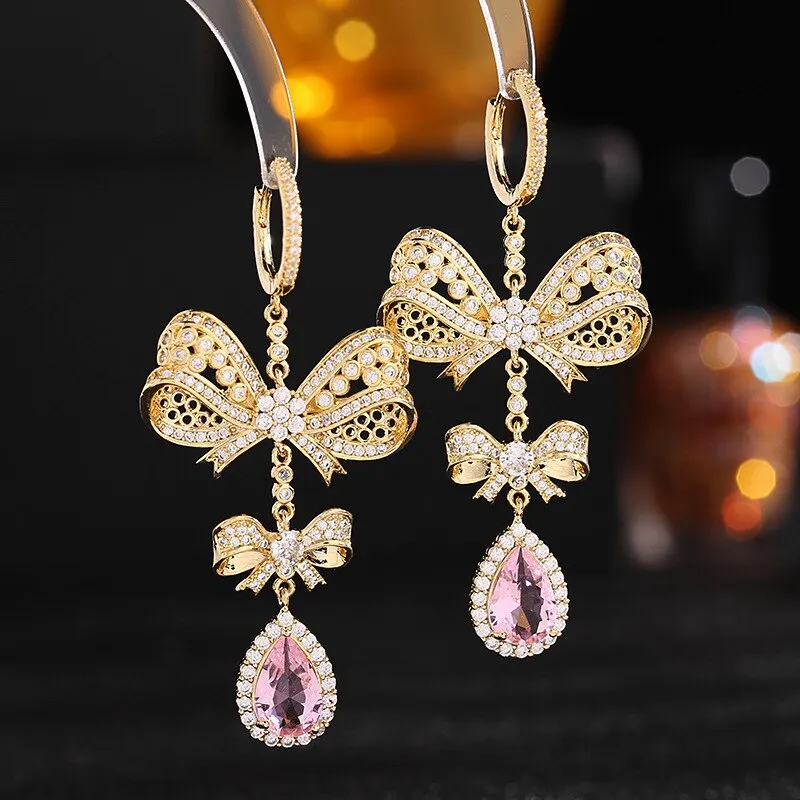 Fashion Cubic Zircon Bow Waterdrop Earrings for Wedding Bride, Women's Jewelry Accessories LYX193