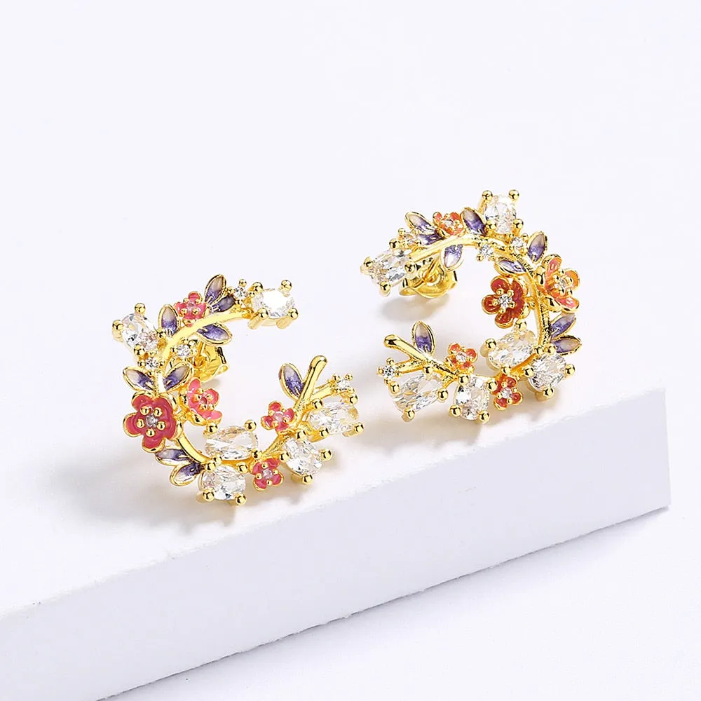 Fashion Jewelry Enamel Flower Hoop Earrings for Women with Zircon in 925 Sterling Silver