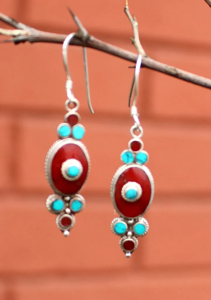 Floral Inlaid Turquoise and Coral Dangle Silver Earrings